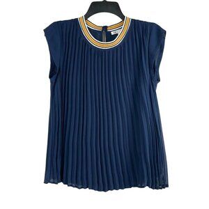 DR2 Women Navy Pleated Sleeveless With Striped Neckline Blouse Size XS